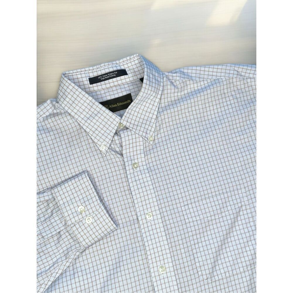 Allen Edmonds Shirt Mens L‎ Blue/Beige Check Wrinkle Free Long Sleeve Button Up